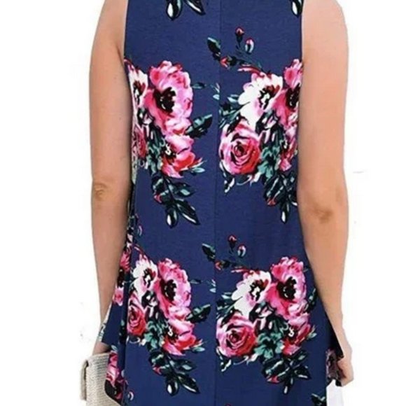 Dark Blue & Floral Print Sleeveless V Neck Tunic Top - Picture 3 of 12